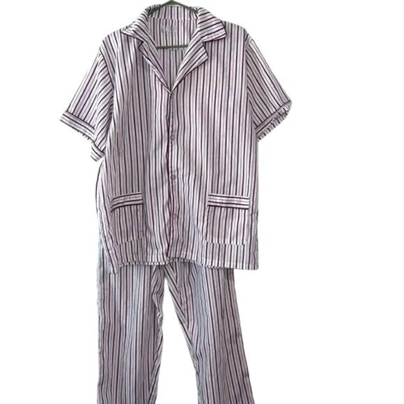 Mens Haband Striped Pajama Set Button-Up Shirt & Elastic Waist Pants M Polyester - Picture 1 of 9